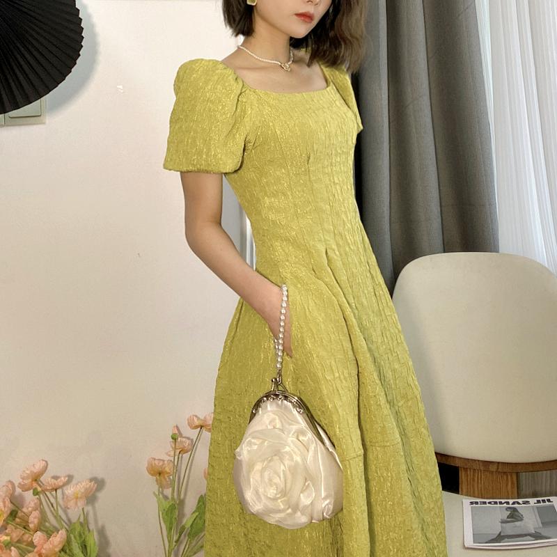 

Party Dresses Elegant Women Green Dress Puff Sleeve Square Neck Vintage Waist Slit Robe Female Clothing Summer VestidosParty, Black