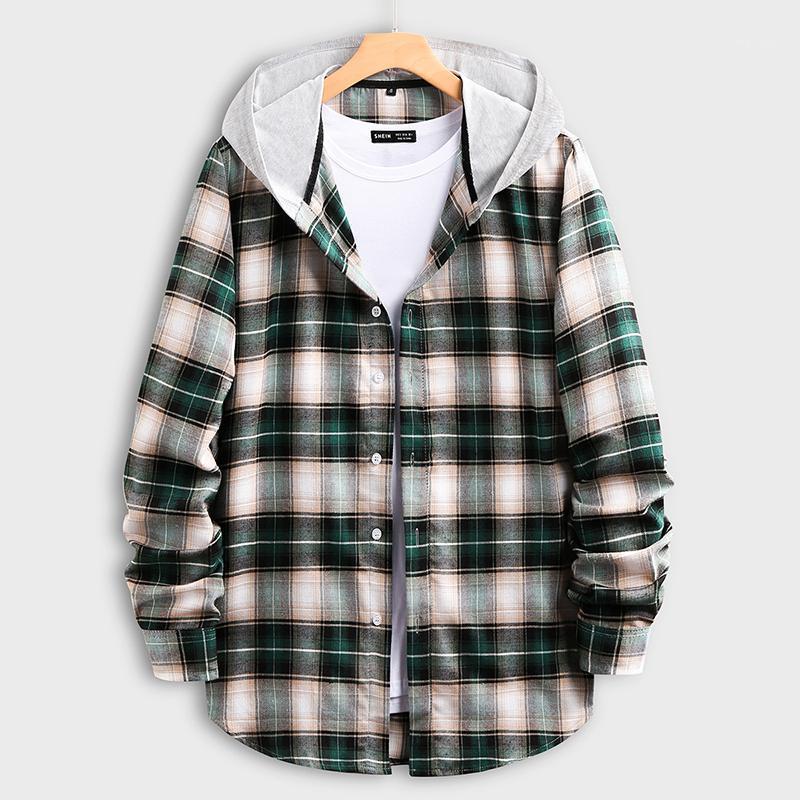 

Men' Casual Shirts European Size 2022 Spring And Summer Cotton Color Matching Long-sleeved Hooded Plaid Shirt Male 286, 286 green