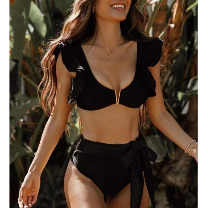 

Women' Swimwear V-bar High Waist Bikini 2022 Belt Bow Swimsuit Lotus Sexy Black Bathing Swim Suit Women Ruffle Vintage MujerWomen