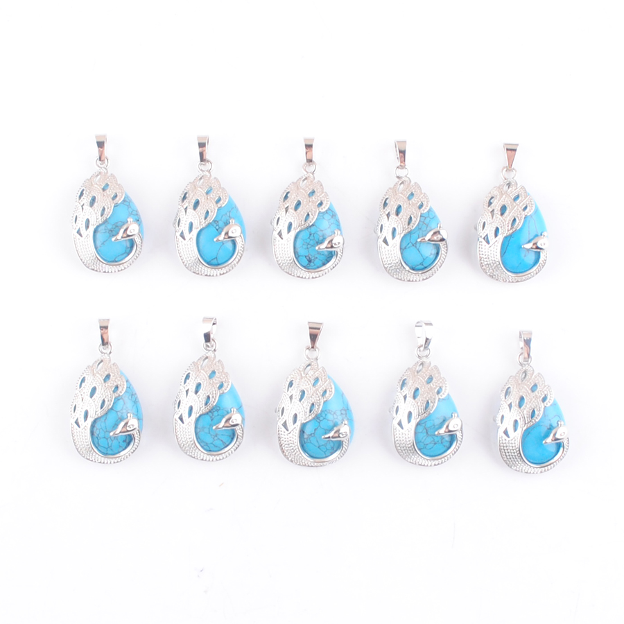 

Pendulum Pendant Peacock Pattern Reiki Natural Stone Blue Turquoise Water Drop Cabochon Gemstone Animal Charm For Men Women Jewelry Wholesale DN4359