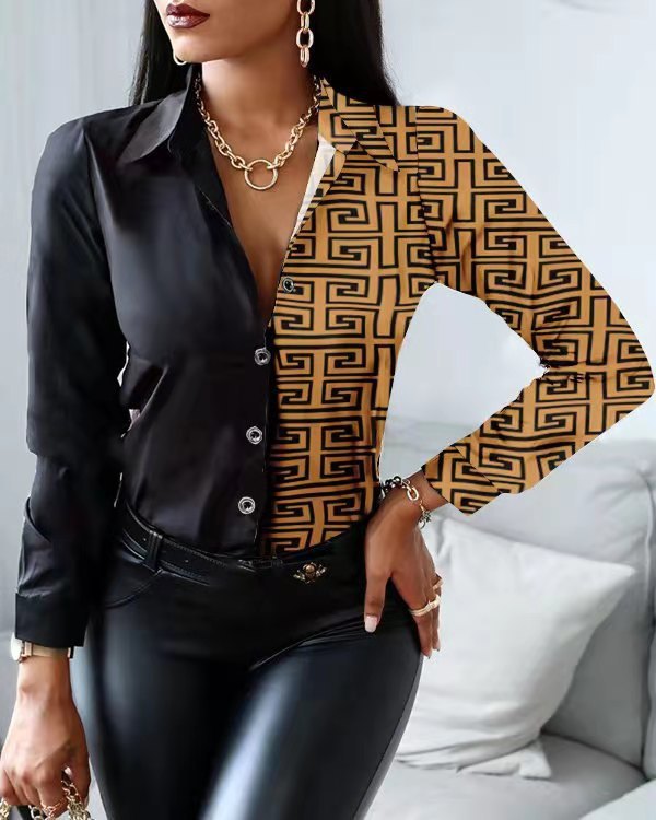 

Women's Designer Blouses Fashion Autumn Spring Long Sleeve Lapel Shirts Chain Print Luxury Tops for Female, #11