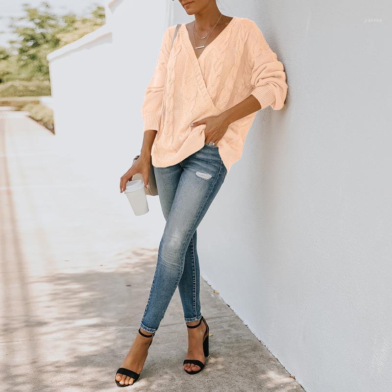 

Women' Sweaters Women Sexy V Neck Sweater Casual Knitted Long Sleeve Pullovers Ladies Loose Twisted Bottoming Jumper Tops Chandail Pour Fem, Pink