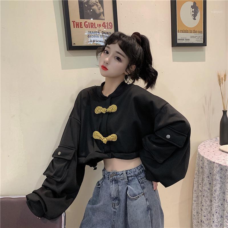 

Korean Winter Casual Women Sweatshirt Vintage Chinese Style Buckle Thicken Loose Full Sleeve Drawstring Short Women's Hoodies & Sweatshirts, Black
