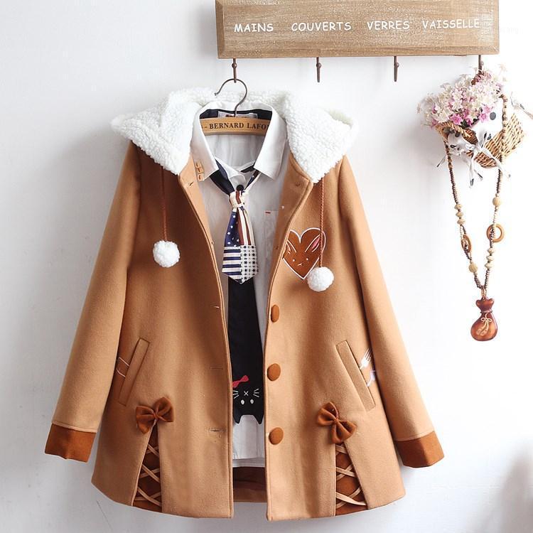 Women's Wool & Blends Japanese Soft Sister Cute Radish Embroidered Women Woolen Hooded Coat 2022 Winter Casual Bow Sweet Kawaii Loose Brown