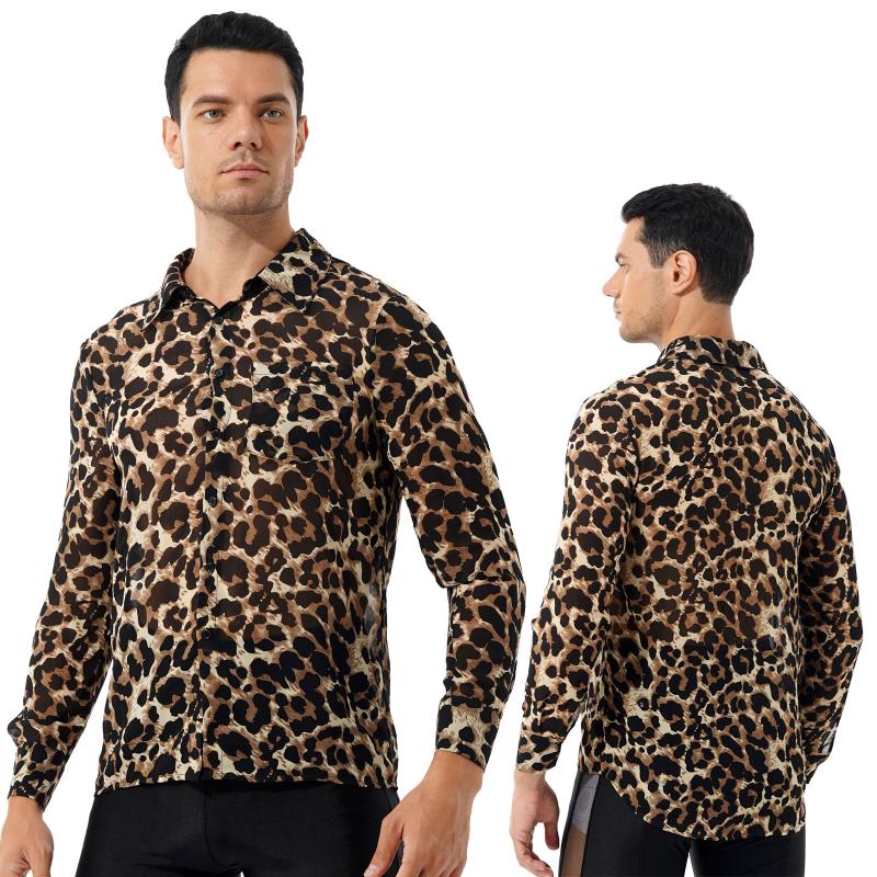 

Men's Casual Shirts Autumn For Men Clothing See-through Leopard Print Button Slim Turn-Down Collar Long Sleeve Party Nightclub Fashion TopsM, Brown
