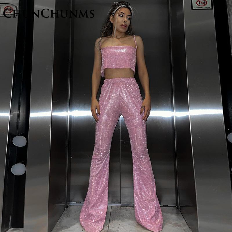 

Women' Two Piece Pants Summer Glisten Backless Tank Top Wide-leg 2 Women Set Fashion Celebration Sexy Outfits Party Nightclub ClothWomen, Pink