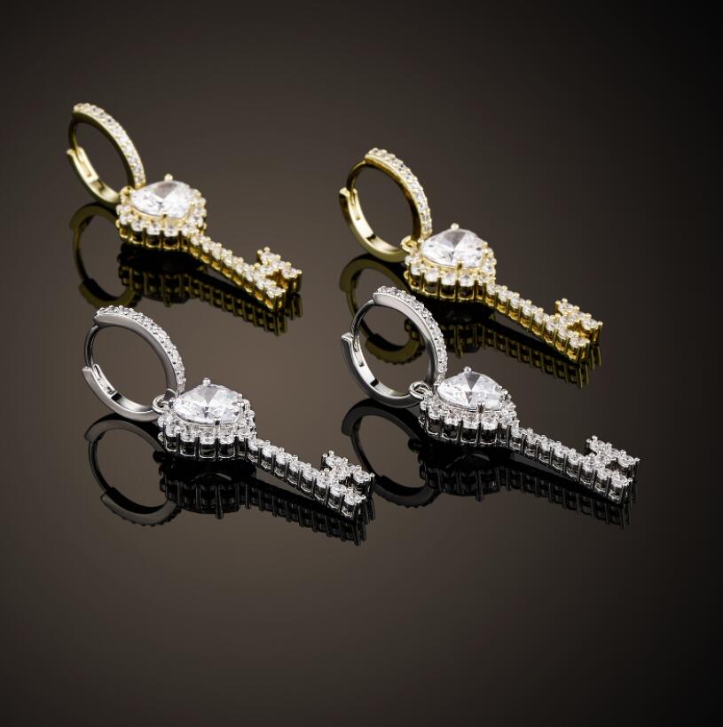 

Hip Hop 1Pair Bling Iced Out Cubic Zircon key Shape Dangle Earring Rock For Men Women Jewelry