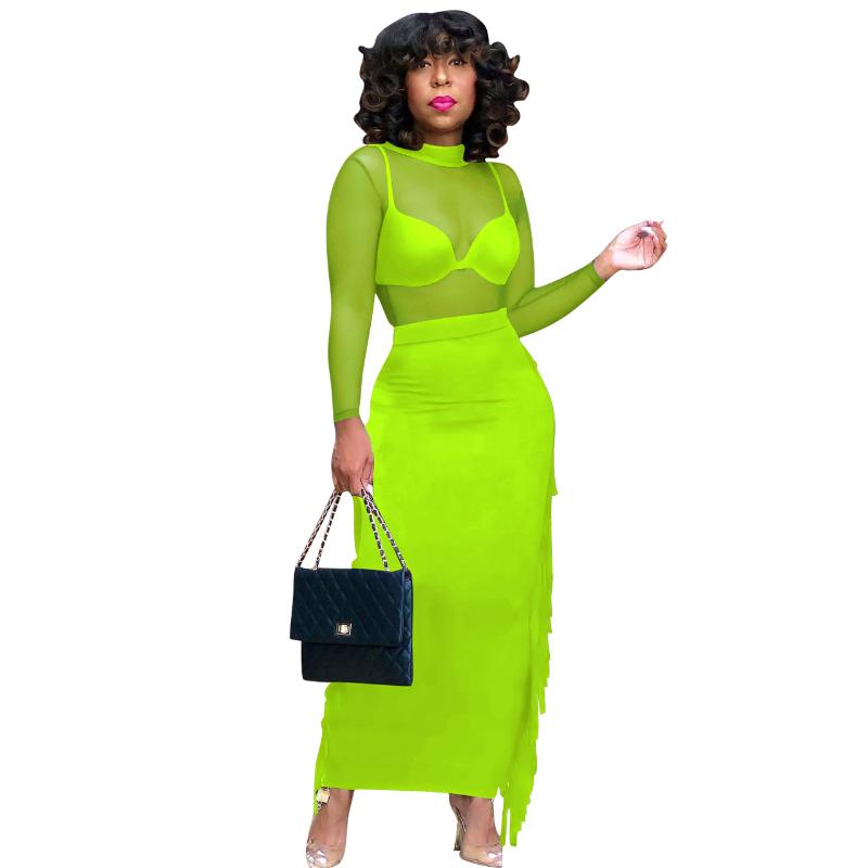 

Two Piece Dress Women Neon Green Fashion Long Sleeve Perspective Mesh Top And Skirt Two-piece Sets Ladies Sexy Casual Praty Nightclub Outfit, Black
