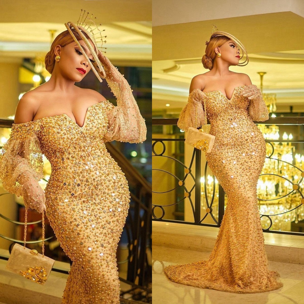 

Dubai Luxury Mermaid Evening Dress Beading Pearls Women's Prom Dresses Crystal Arabia Aso Ebi Vestido de novia, Dark red
