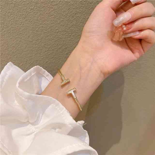 

JK4E T home double Bracelet net red explosion type opening titanium steel non fading girl minority design light luxury temperament