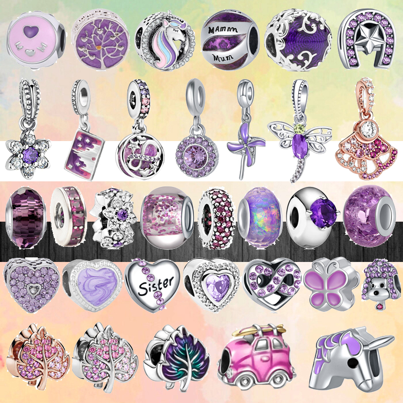 925 Sterling Silver Dangle Charm New Purple Series Leaves Heart Unicorn Castle Pendant Beads Bead Fit Charms Bracelet DIY Jewelry Accessories
