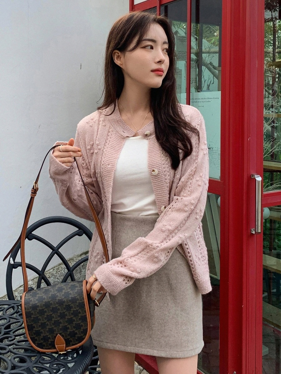 

dazy Popcorn & Pointelle Knit Cardigan d3Q4#, Dusty pink