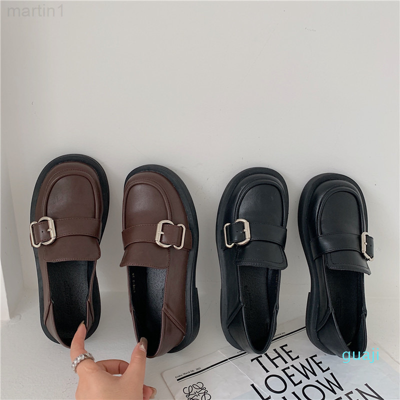 

Dress Shoes designer British style small leather shoes women's spring and autumn lazy single soft soled thick heel leffer, Black