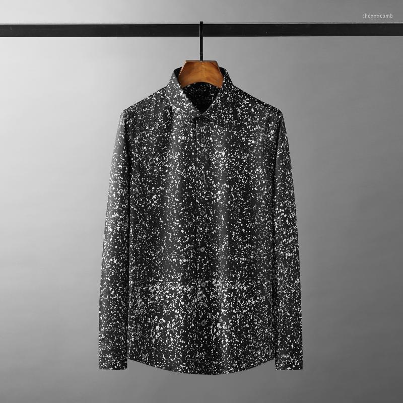 

Men's Casual Shirts Black Mens Luxury Ink Printing Long Sleeve Spring Summer Male Fashion Slim Fit Party Man 3XL