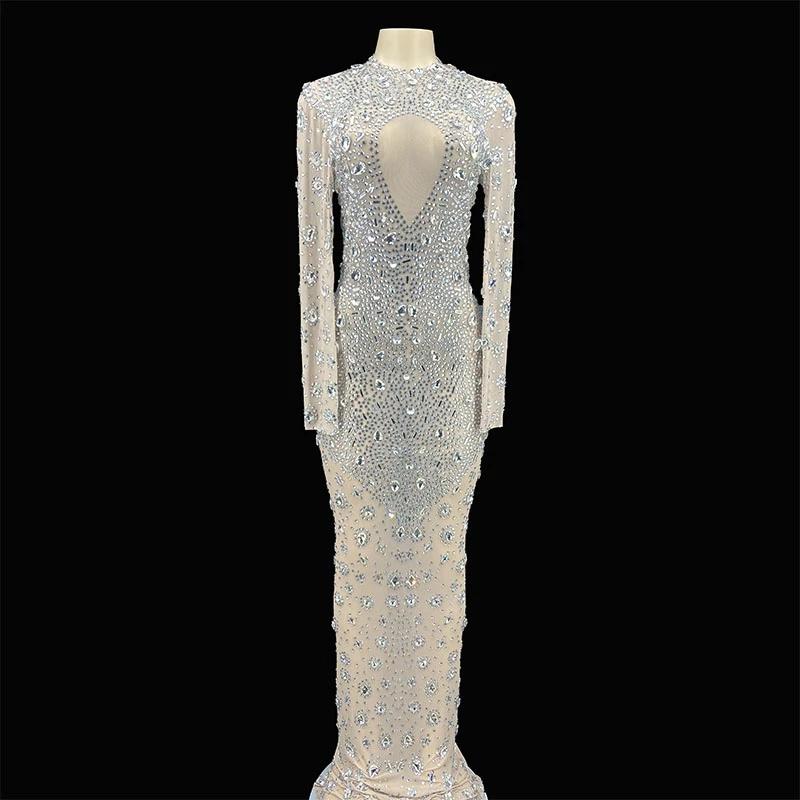 

Casual Dresses Flashing Silver Rhinestone Transparent Dress Prom Women Dance Sexy Clothes Evening Birthday Celebrate Mesh Long Female DressC, As pic