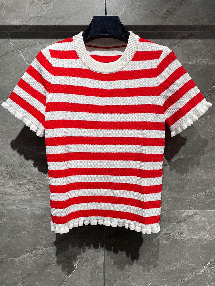 

Women' Sweaters Fashion Red White Stripes Short Sleeve Sweater Women High End Quality Embroidery Pattern T-Shirt O-Neck Soft Knitted Tops L, As pic