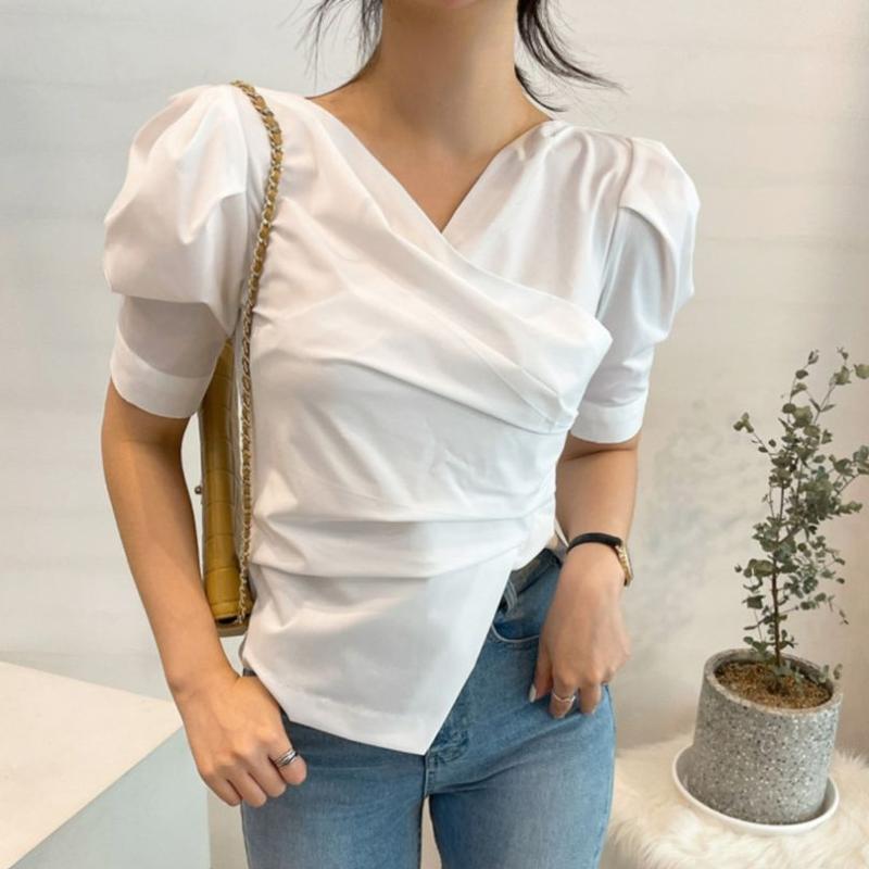 

Women' Blouses & Shirts HziriP 2022 Femme Irregular Solid Summer High Street Gentle V-Neck Chic All Match Lady Plus Size Loose Tops, Blue