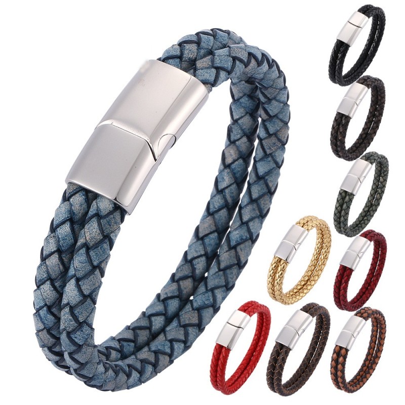 New Fashion Multilayered Genuine Leather Cuff Bracelet for Retro Style Jewelry for Men Gift-image-758870160