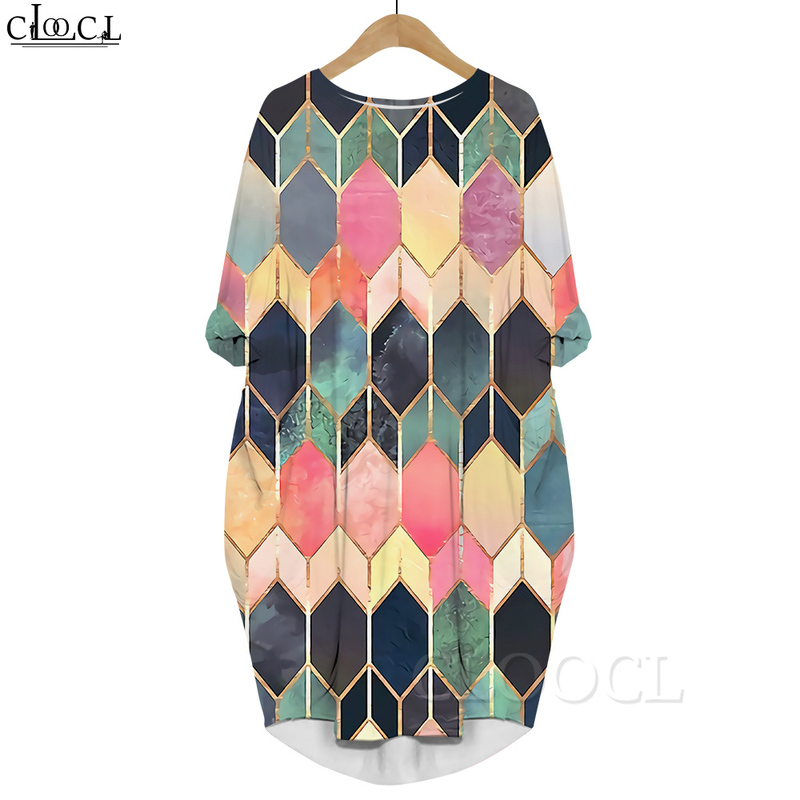 

Women Geometric Pattern 3D Printed Dress Long Sleeve Gown Pocket Round Neck Dresses Fashion Summer Dresses Robe 220616, Long sleeved dress11