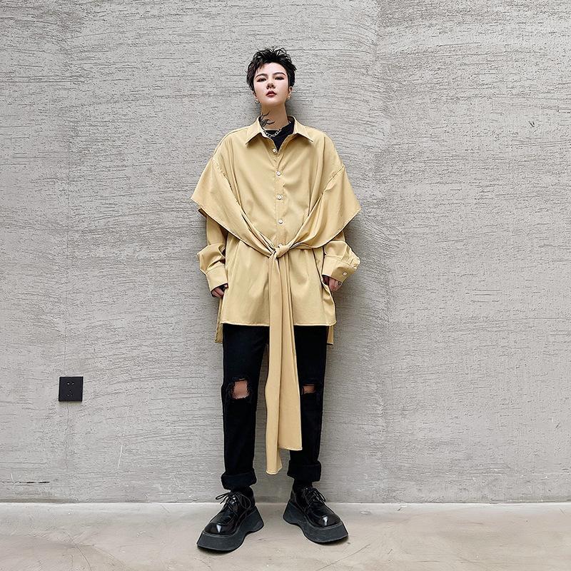 

Men Women Couple Streetwear Casual Bat Long Sleeve Shirt Stage Fashion Show Clothing Vintage Male Men's Shirts, C173 khaki