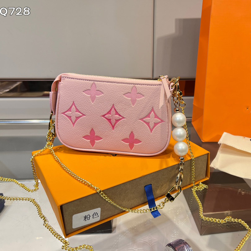 

Women Luxurys Designers Mini Bags Handbag Wallet Imprint fiower 2 Golden Chains With Pearl Bag Genuine Leather Messenger Ladies Wallets Purse 15x10cm, Pink