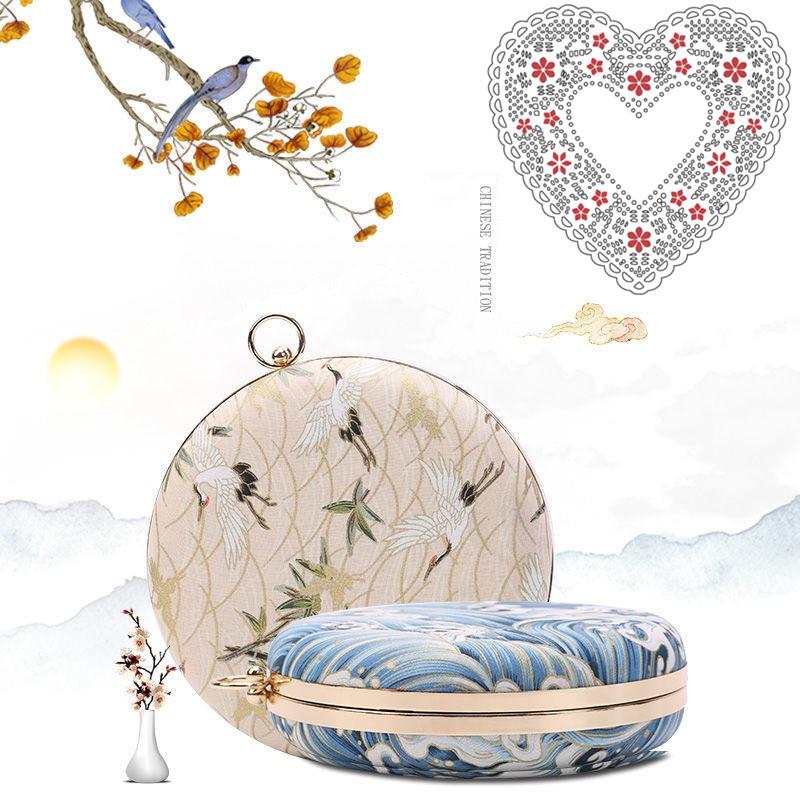

Evening Bags Fashion Designer Women Embroidery Bag Creative Chinese Style Luxury Handbag Party Clutch Chain Small Round BagEvening, Light blue
