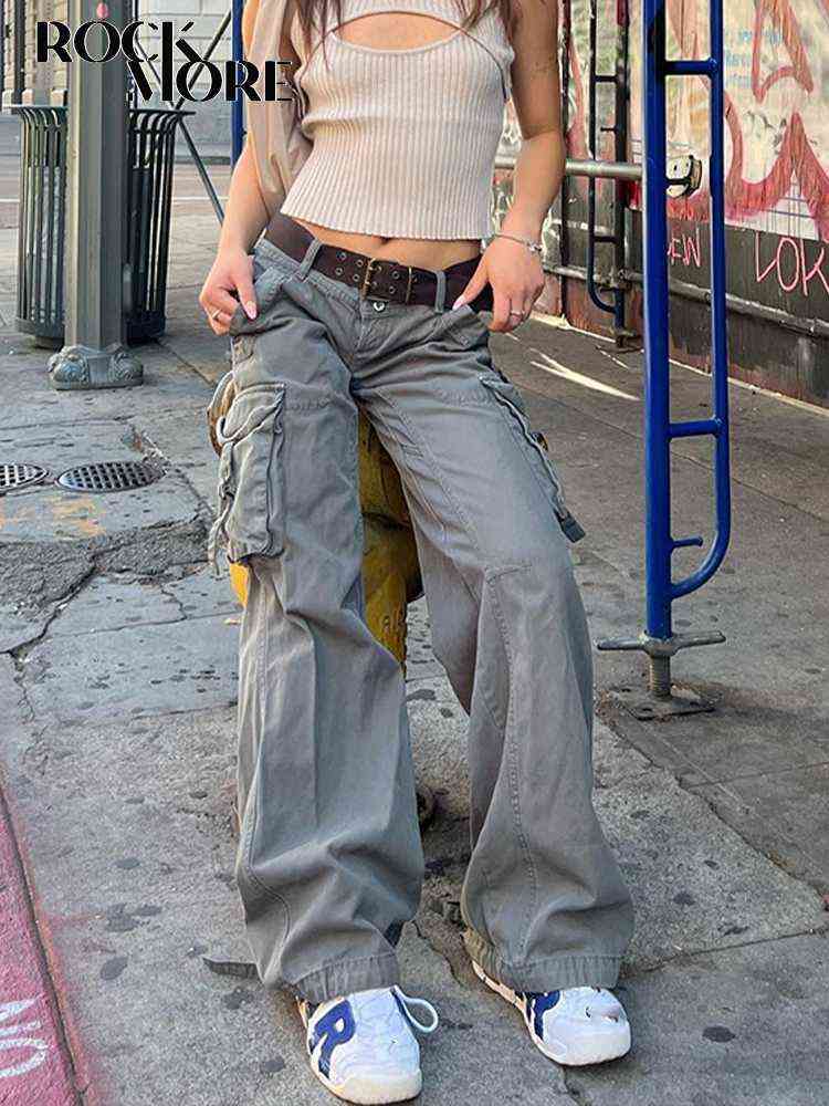 

Rockmore Streetwear Cargo Jeans Baggy Women Retro Big Pockets Denim Pant Fashion Loose Wide Leg Trousers Y2K Low Waist Pants T220728, Gray