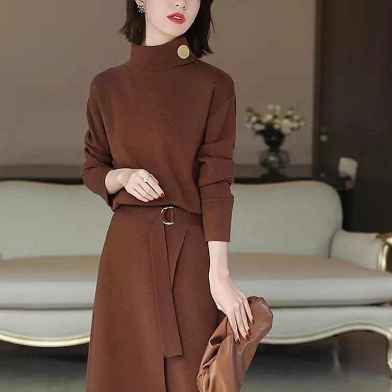 

Women's Sweaters Sets Women's Knit Sweater Pullover Dess Spring Autumn Style Wears Versatile And Winter With Two Pieces Of Dress FemaleW, Black