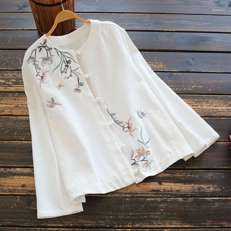 

Women's Blouses & Shirts Spring Women Shirt Chinese Style Retro Buckle Floral Embroidery Linen Loose O-Neck Long Sleeve Blouse WomenWomen's, Pink