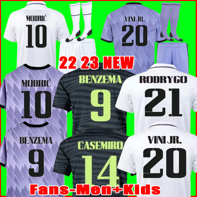 

2022 2023 BENZEMA soccer jersey  23 football top shirt VINI ALABA TCHOUAMENI CAMAVINGA MODRIC VINICIUS REAL MADRIDS RUDIGER fans player version men kids kit Set, 22 23 away men+patch1