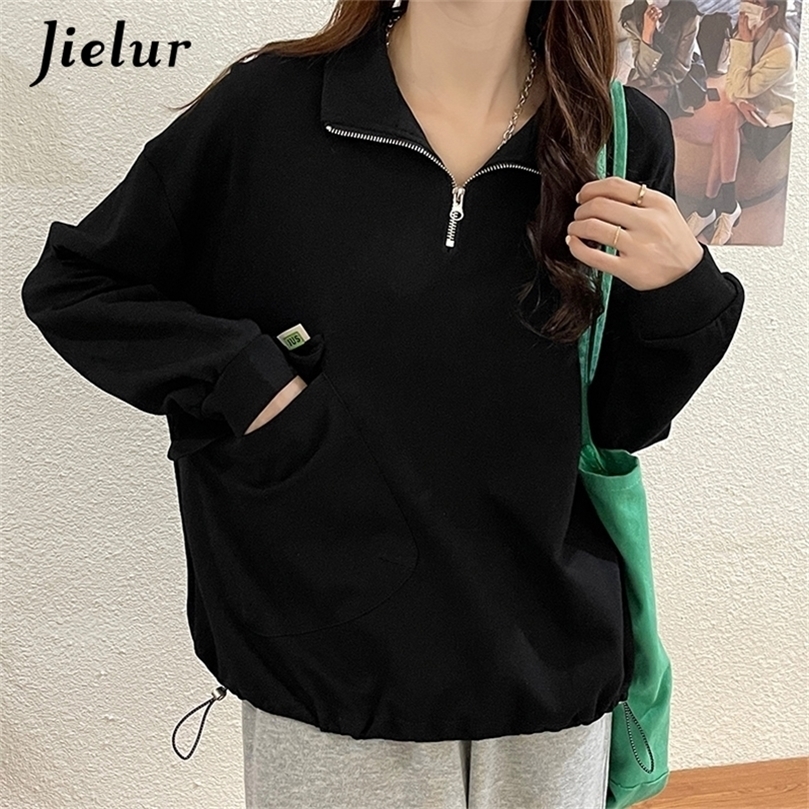 

Jielur Autumn Big Pocket Zipper Sweatshirt Women Fashion Loose Casual Polo Collar Hoodies Female Pullovers 5 Colors Black Yellow 220811, Blue