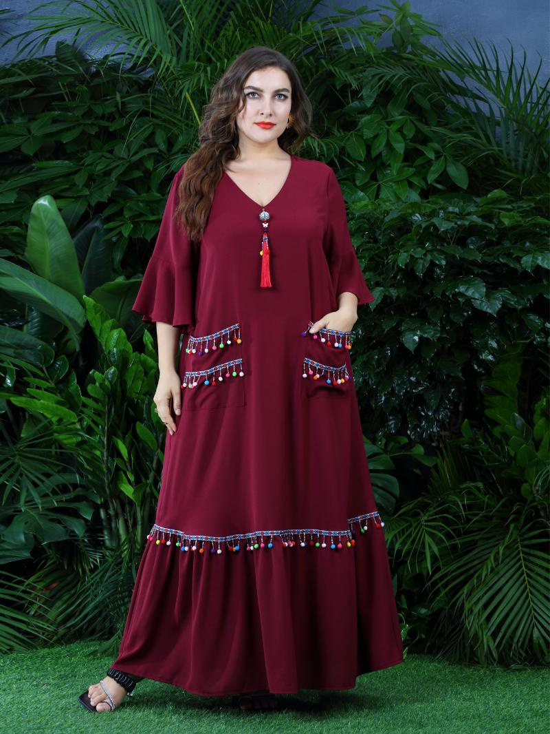 

Plus Size Dresses Muslim Women Elegant With Pocket Large Oversize Dress Ethnic Style Clothing For Party Evening FestivalPlus, Red