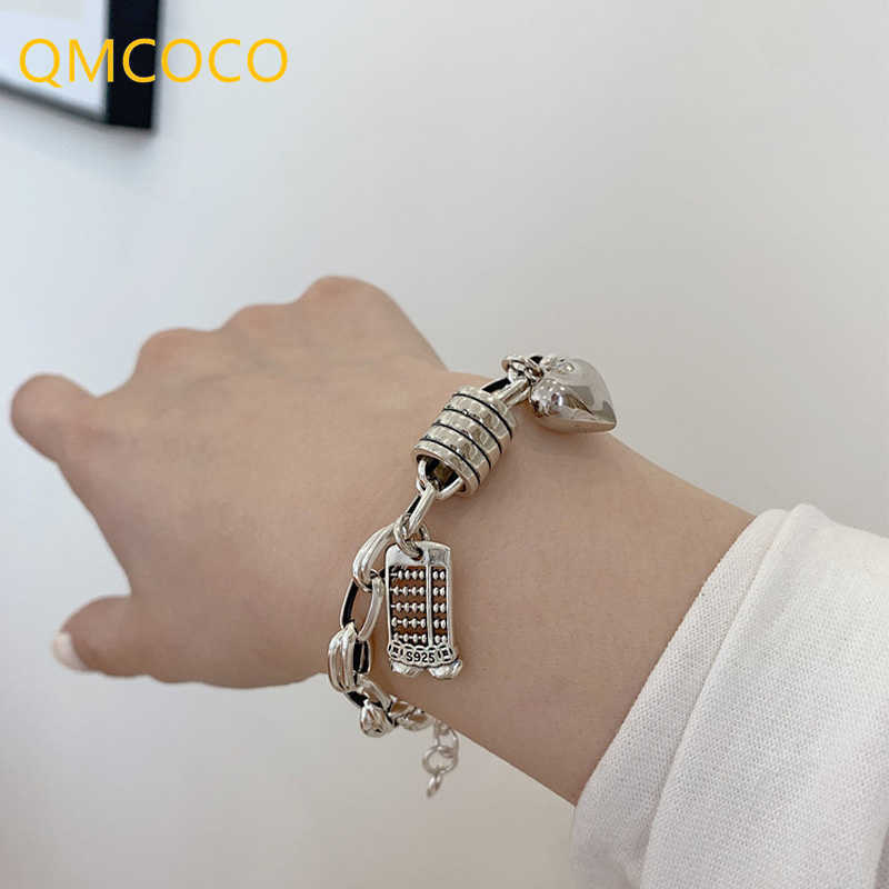 Qmcoco 925 Sterling Silver Women's Punk Bracelet, Boulier Heart Jewelry, Thick Chain, Retro Creativity, Party Gifts, 2021 New Series-image-745582245