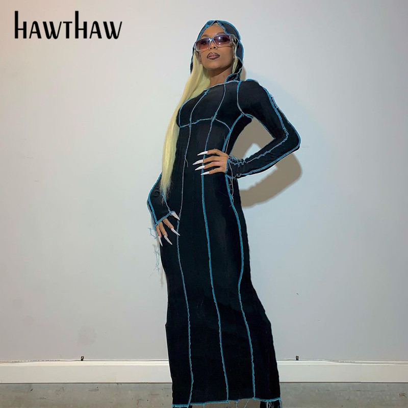 

Hawthaw Women Fashion Autumn Winter Long Sleeve Patchwork Hooded Bodycon Long Dress 2022 Female Clothing Streetwear Fall, Black