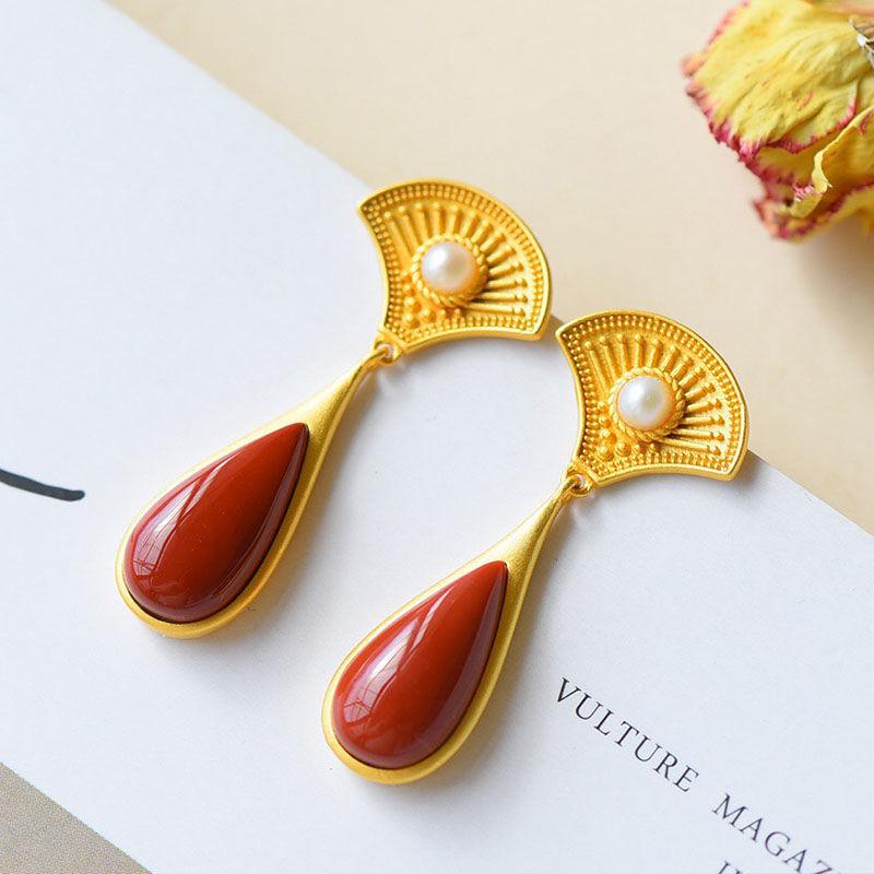 

Dangle & Chandelier Chinese Style Classical Fan-Shaped Water Drop Earrings S925 Sterling Silver Natural South Red Agate Eardrops Artistic Te