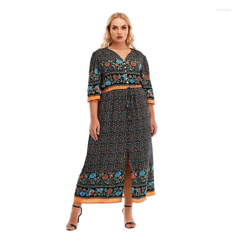 

Plus Size Dresses 2022 Summer Dress 5XL Women Buttons V Neck Half Sleeve Floral Print Boho Beach Split Front Maxi Long Echm22, Red