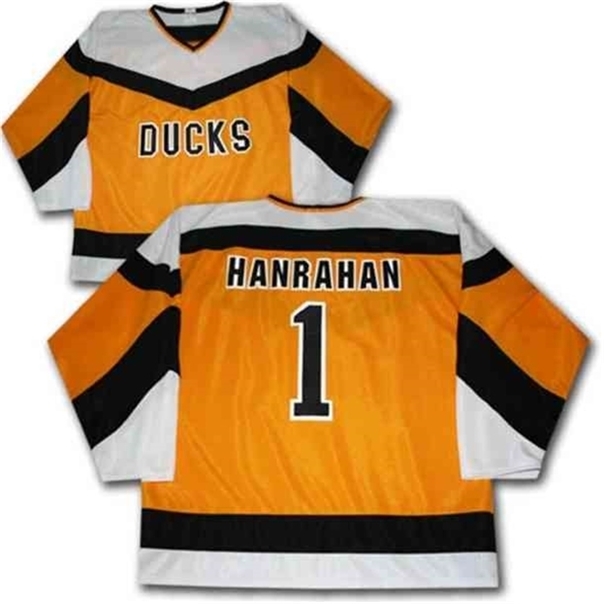 

C26 Nik1 Slap Shot Movie DUCKS #1 HANRAHAN Ice Hockey Jersey Mens Embroidery Stitched Customize any number and name Jerseys, Yellow