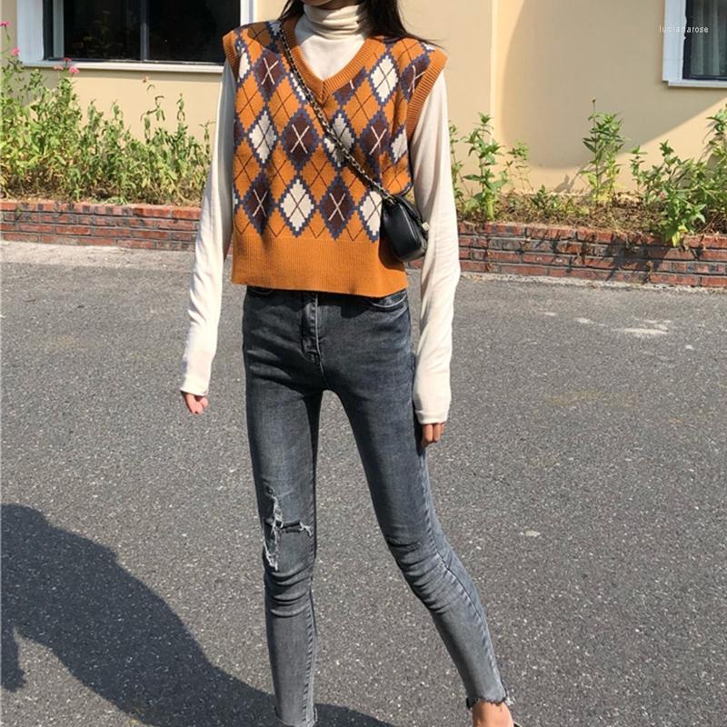 

Women's Vests Korean Women Knitted Sleeveless Vest Vintage Contrast Color Argyle Plaid Jacquard Sweater V-Neck Preppy Style Casual Loose Pul, Blue