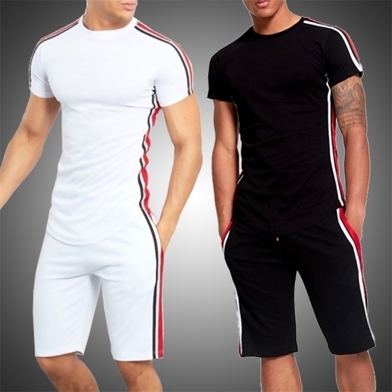 

Summer Set Men 2 Pieces Short Sets Jogger Tracksuit Suit Summer Male Striped Shorts T Shirt Sportswear Suit Men Clothing 201128, Max169 white