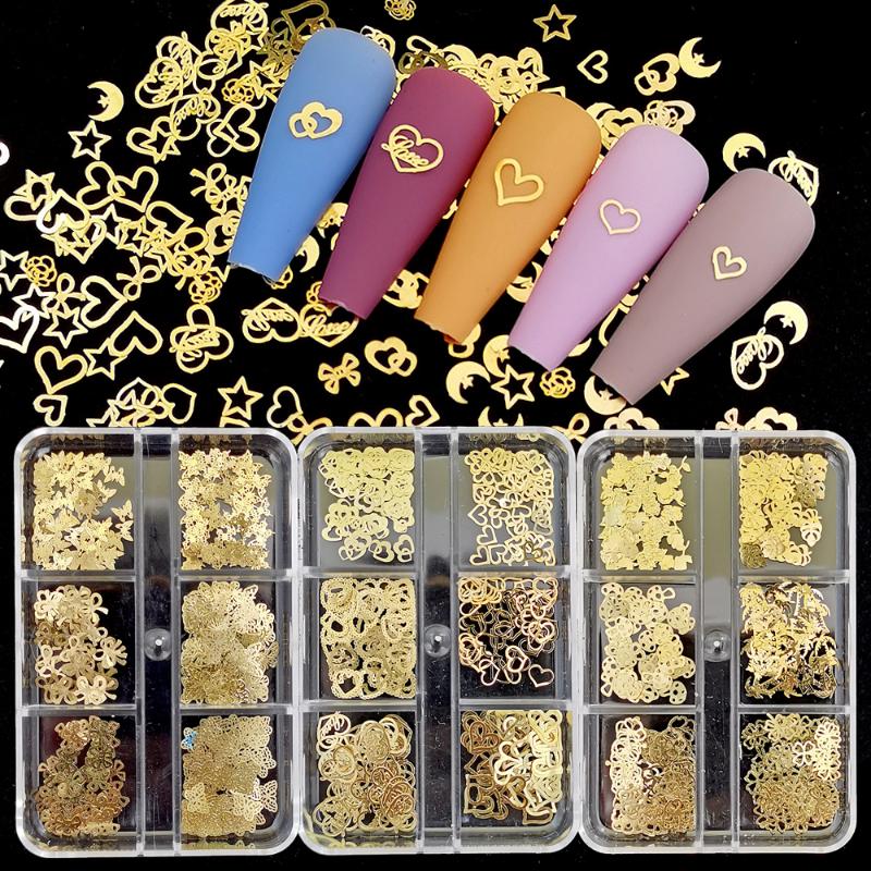 

Nail Art Decorations Box Gold Heart Metallic Decals Ultra-thin Flakes Butterfly Metal Studs Slices Charms DIY 3D DecorationsNail