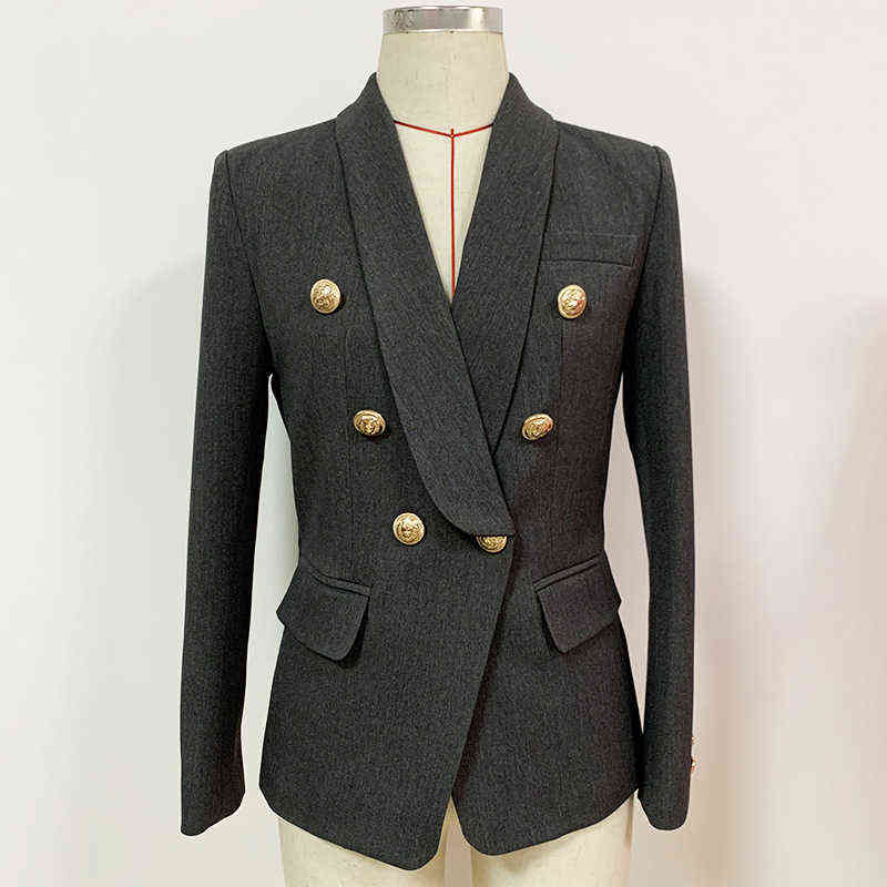

Luxury Blazer For Women Jacket Classic Gold Double Breasted Blazer Grey Scarf Collar Women Blazers And Jackets High Quality 2021 J220813, Dark gray jacket