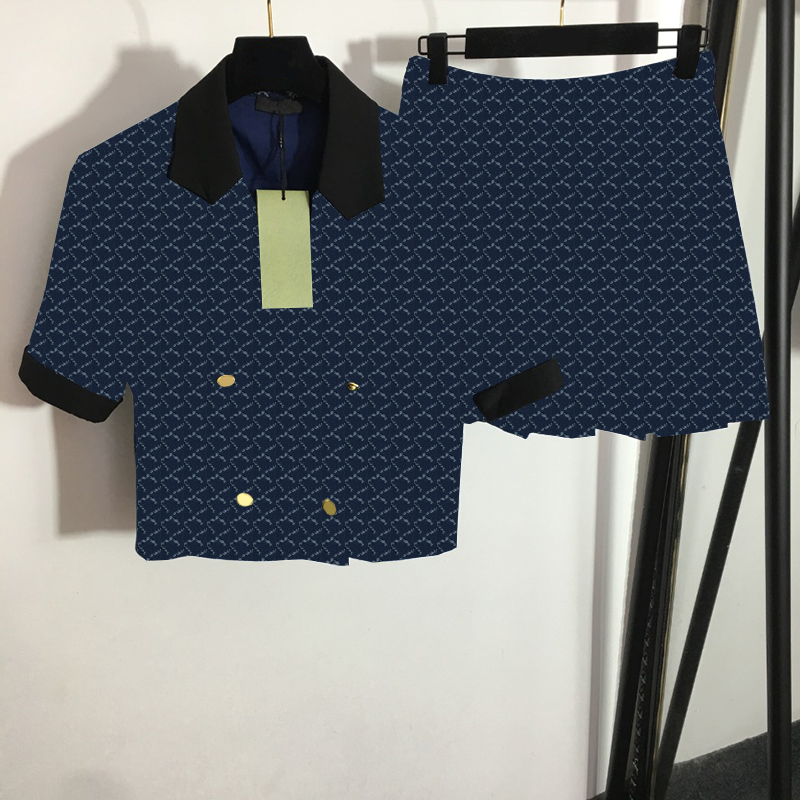 

Ladies Luxury Blazers Dress Navy Letters Print Two Piece Dresses Women Personality Short Sleeve Girls Suit Sets