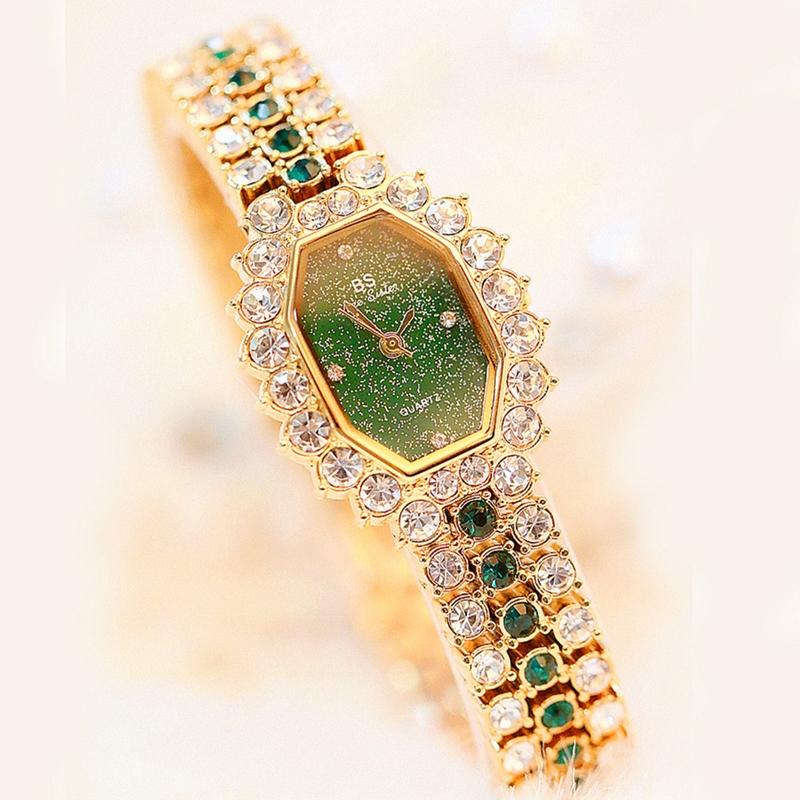 

Wristwatches Woman Watches Quartz Ladies Watch Diamonds Bracelet Green Stone Gold Waterproof Montre Femme Rhinestone Wristwatch, Silver