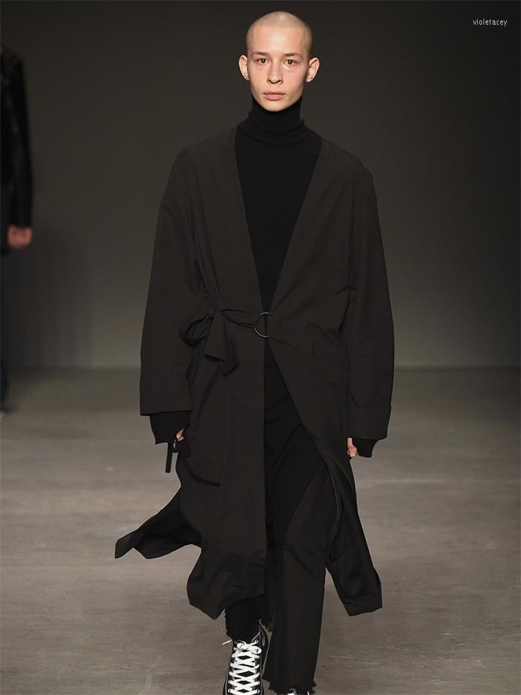 

Men' Trench Coats Original -5xl Black Long Section V-neck Coat Catwalk Models Personality Unique Design Singer Viol22