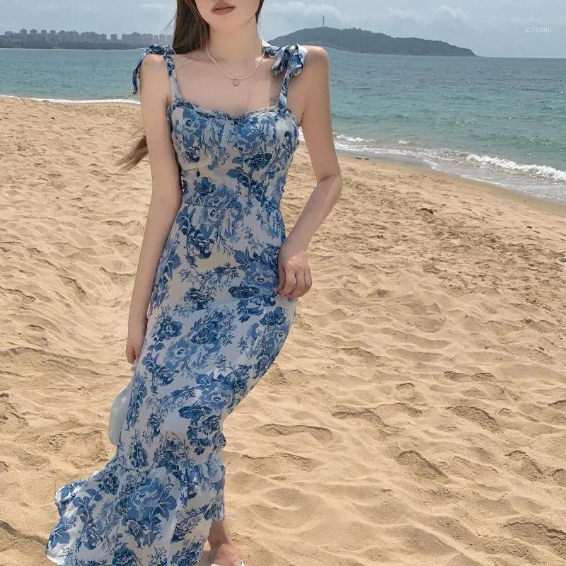 

Casual Dresses Fashion Bow Straps Sexy Summer Dress Women Backless 2022 Elegant Print Sundress Sleeveless Lady Vacation Beach, Blue