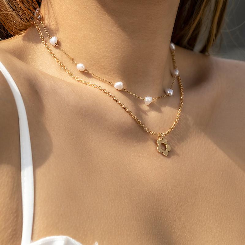 

Chains Boho Gold Metal Chain Double Layer Necklace Women Girl Cute Allow Flower Pendant Choker Jewelry Punk Baroque Pearl NecklaceChains