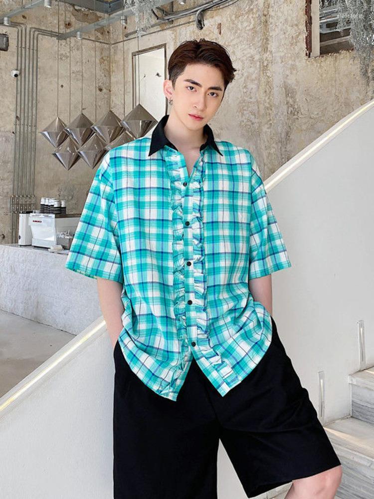 

Men's Casual Shirts Men Clothing 2022 Summer Turn Down Collar Short Sleeve Plaid Print Shirt For Loose Korea Style T-shirt TopsMen's Eldd22, Blue