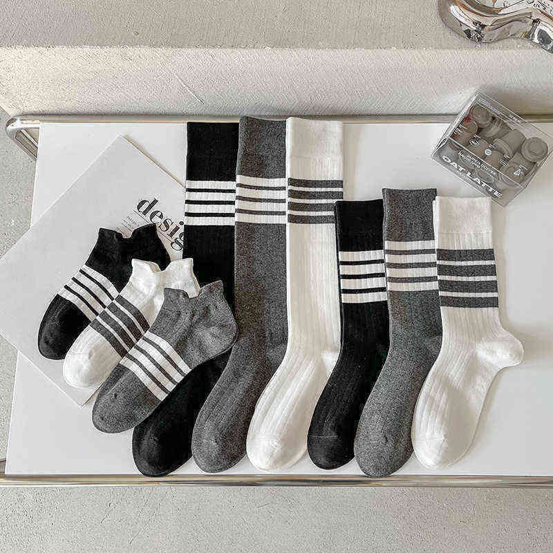 

Ins tide socks children's three bars AB medium tube cotton socks spring and summer net red TB long tube knee socks, Boat socks - black