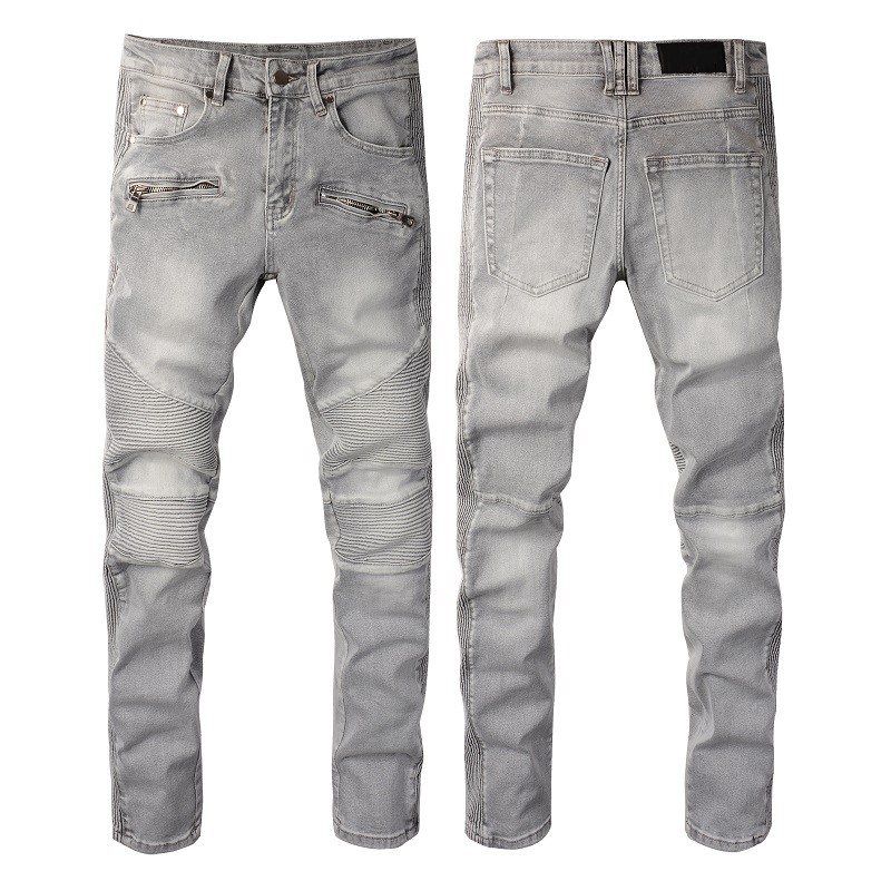 Mens Designer Cycling Jeans Zip Gray Pleated Side Stripe Pants Man Washed Biker Trousers Fashion Casual Mature Trendy Denim Pant Hip Hop motorcyc