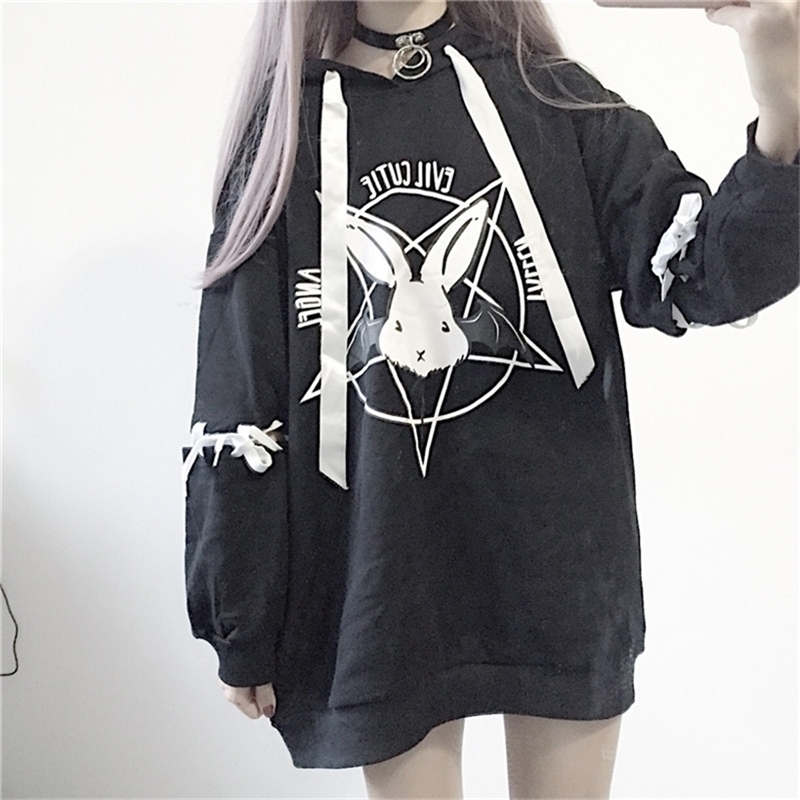

Paris Girl Harajuku Print Lace Up Women Fleeces Hoodies Gothic Punk Oversize Velvet Hooded Sweatshirt Pullover Streetwear 201216, Black